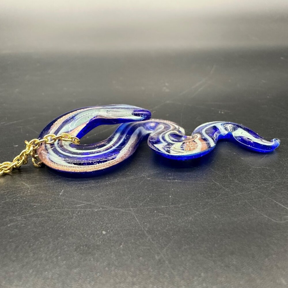 Art Glass Snake Pendant Necklace Gold Toned Chain Blue Copper Lampwork Serpent - Picture 5 of 9
